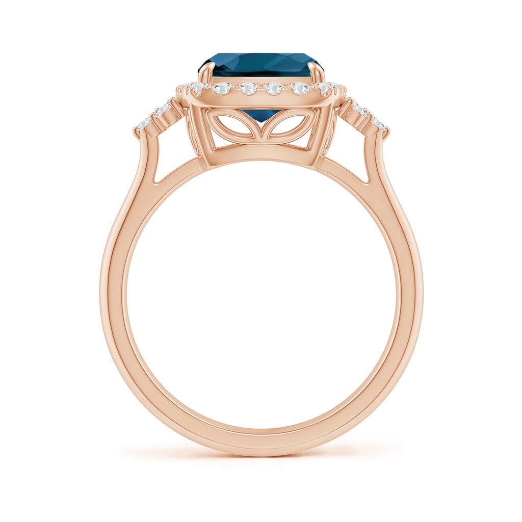 10x8mm AAAA Cushion London Blue Topaz Halo Ring with Trio Diamonds in Rose Gold - side_1
