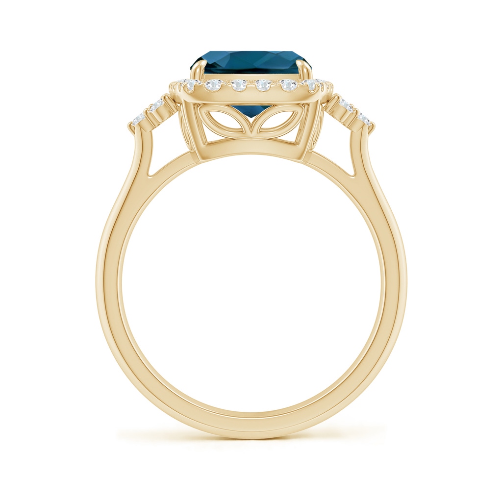 10x8mm AAAA Cushion London Blue Topaz Halo Ring with Trio Diamonds in Yellow Gold - side_1
