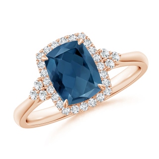 8x6mm A Cushion London Blue Topaz Halo Ring with Trio Diamonds in Rose Gold