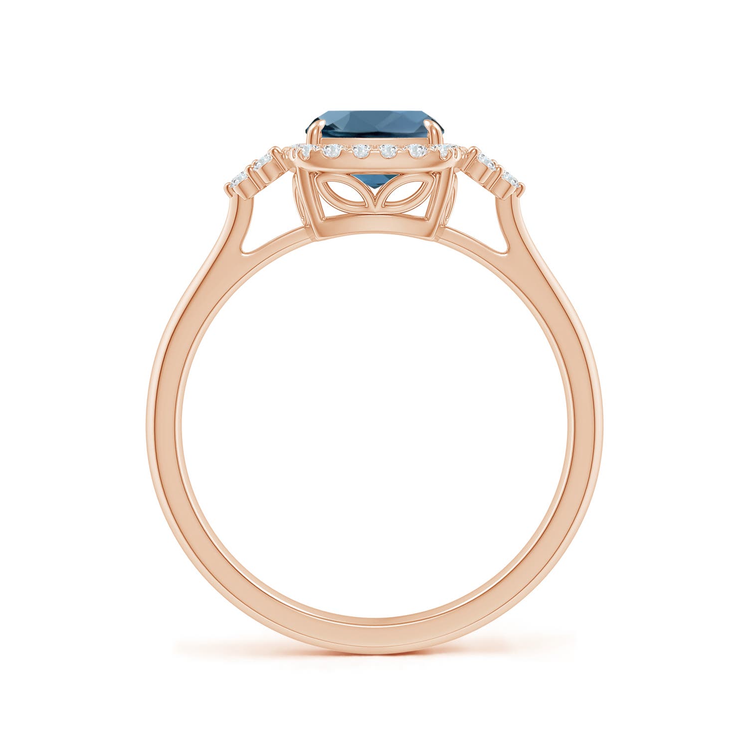 8x6mm A Cushion London Blue Topaz Halo Ring with Trio Diamonds in Rose Gold