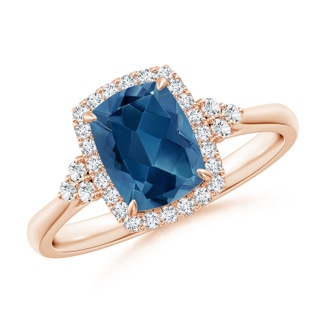 8x6mm AA Cushion London Blue Topaz Halo Ring with Trio Diamonds in Rose Gold