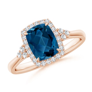 8x6mm AAA Cushion London Blue Topaz Halo Ring with Trio Diamonds in Rose Gold