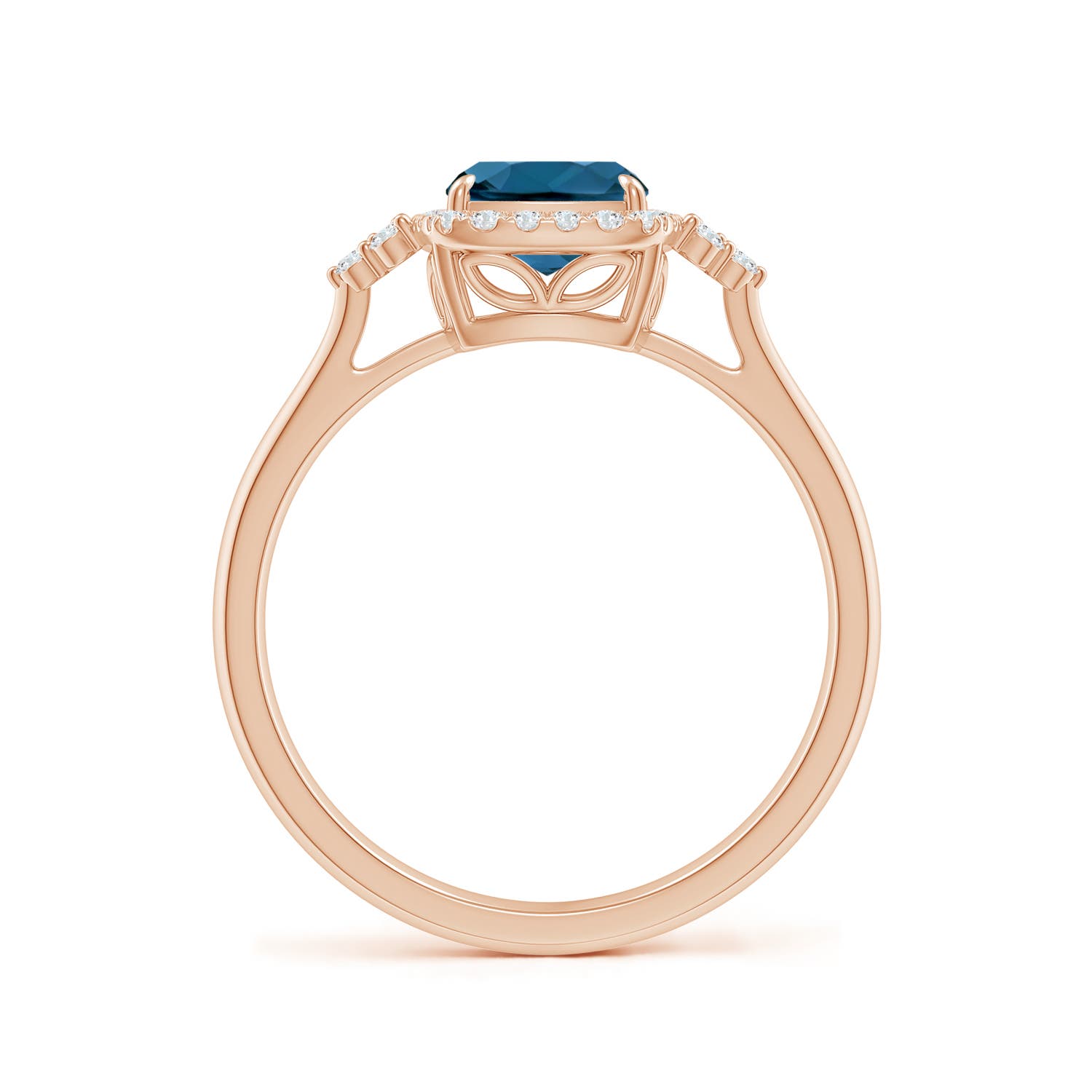 8x6mm AAA Cushion London Blue Topaz Halo Ring with Trio Diamonds in Rose Gold