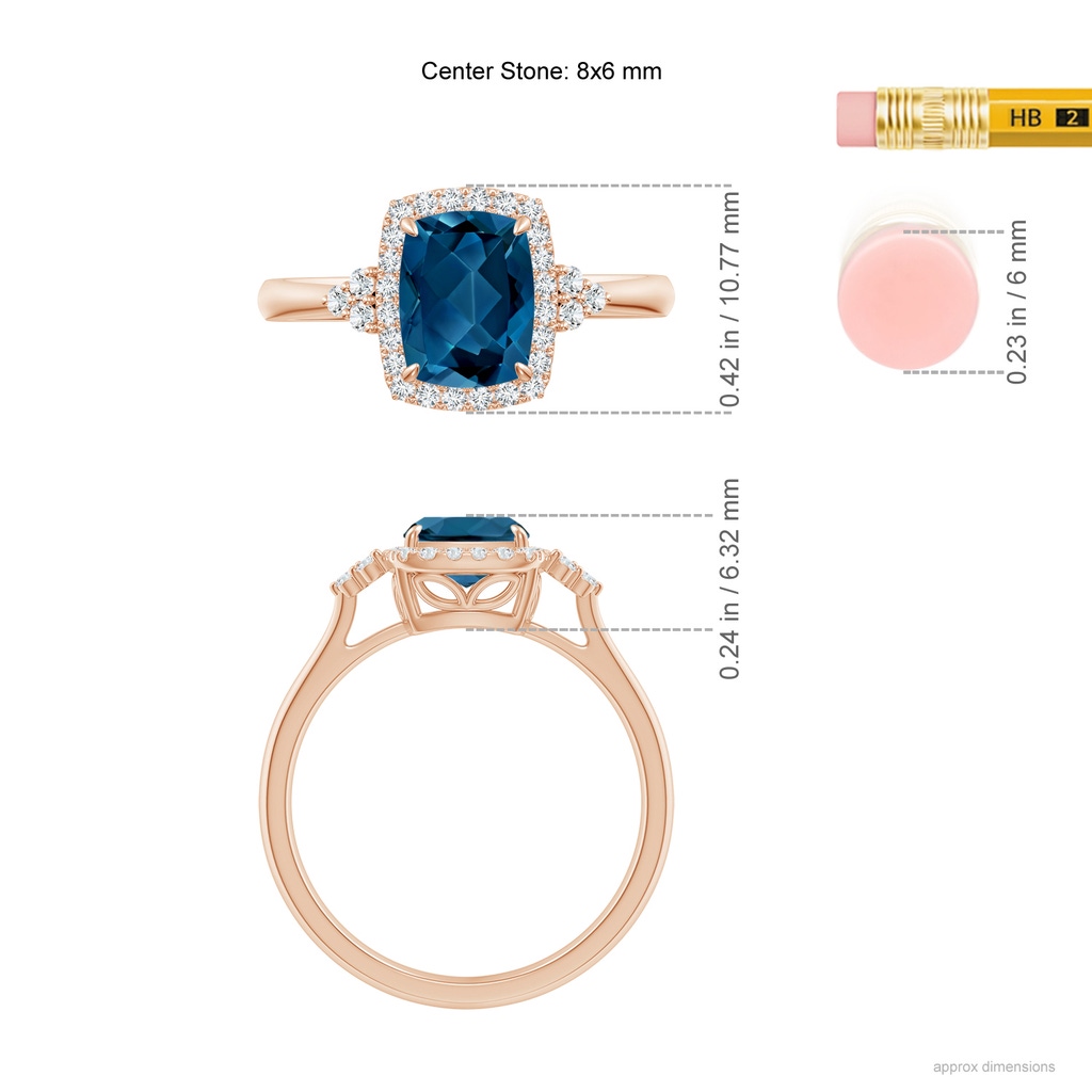 8x6mm AAA Cushion London Blue Topaz Halo Ring with Trio Diamonds in Rose Gold Ruler