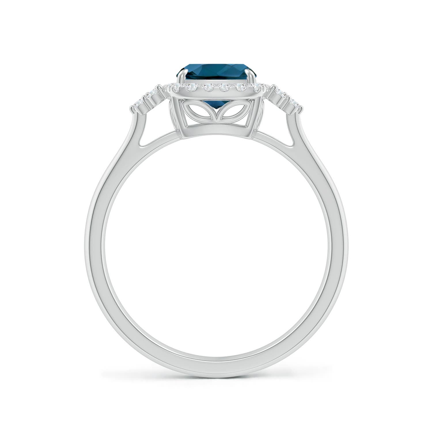 8x6mm AAAA Cushion London Blue Topaz Halo Ring with Trio Diamonds in White Gold
