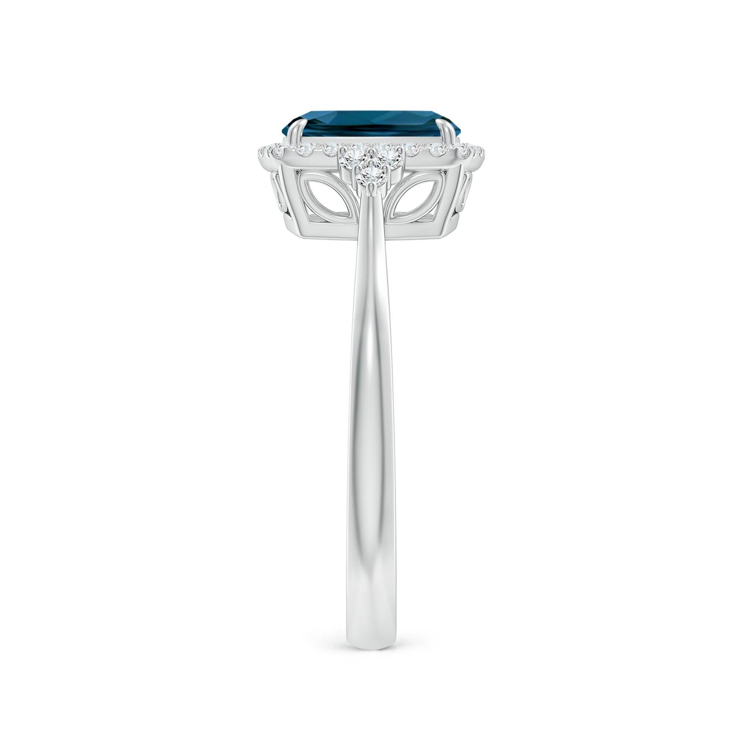 8x6mm AAAA Cushion London Blue Topaz Halo Ring with Trio Diamonds in White Gold - side 3