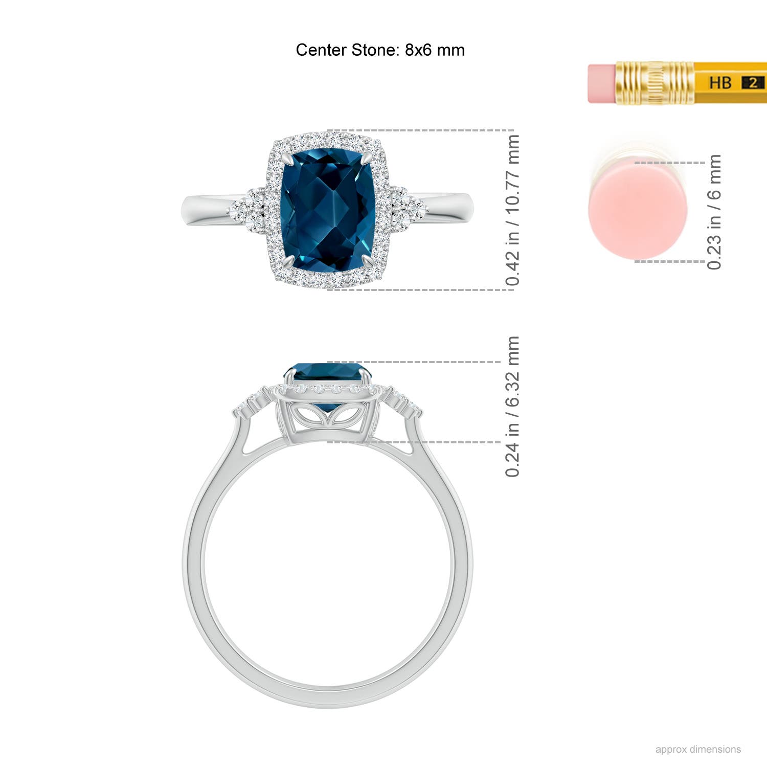 8x6mm AAAA Cushion London Blue Topaz Halo Ring with Trio Diamonds in White Gold - ruler