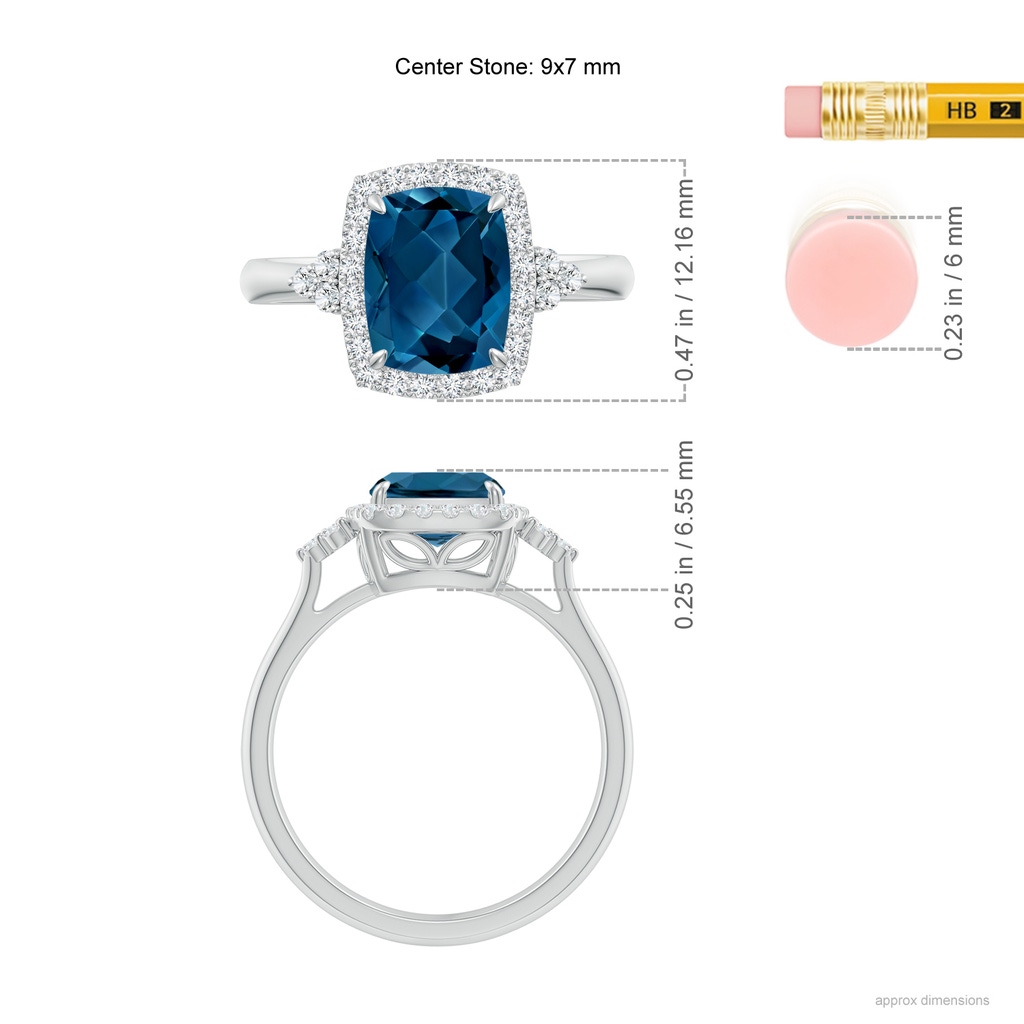 9x7mm AAA Cushion London Blue Topaz Halo Ring with Trio Diamonds in White Gold Ruler