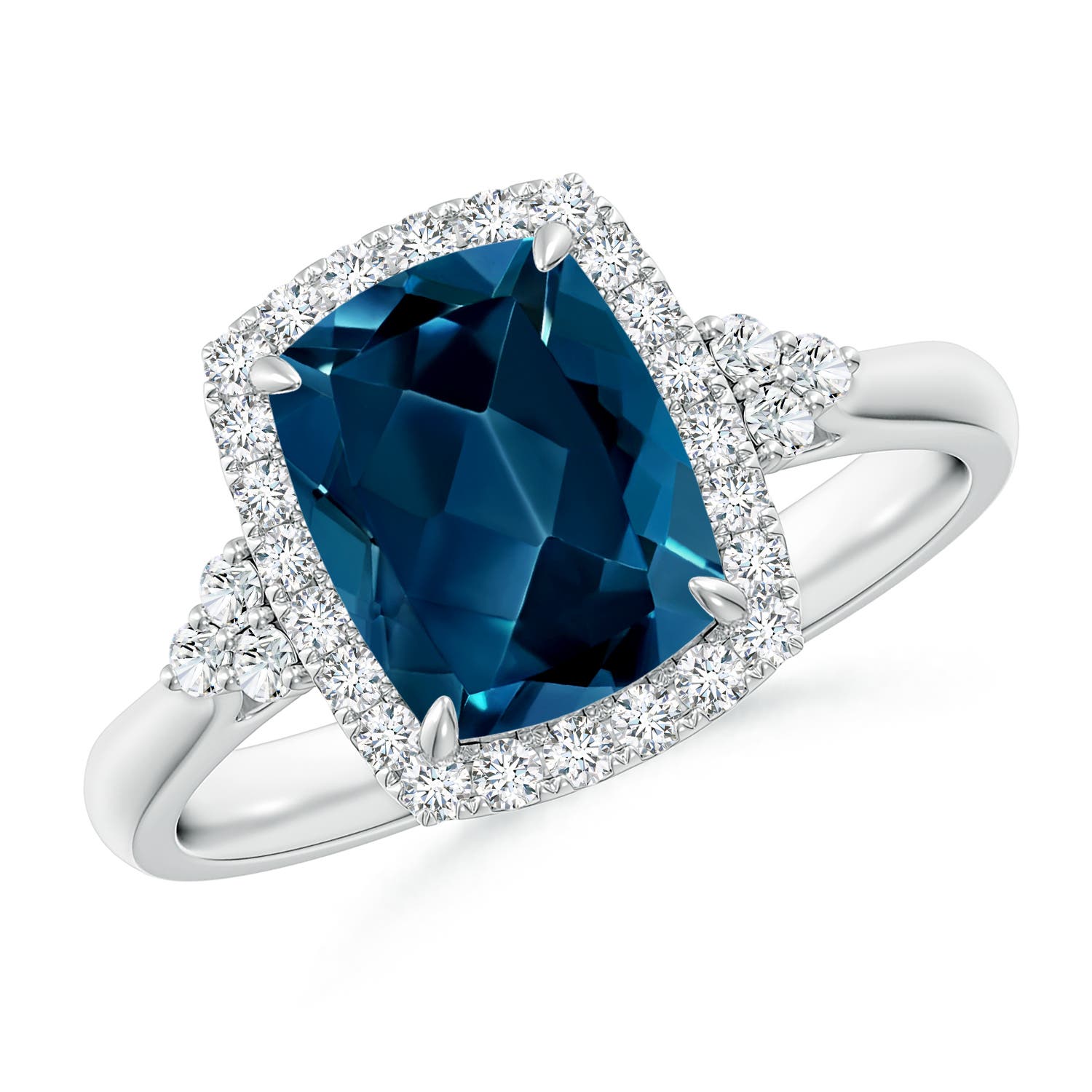 9x7mm AAAA Cushion London Blue Topaz Halo Ring with Trio Diamonds in P950 Platinum