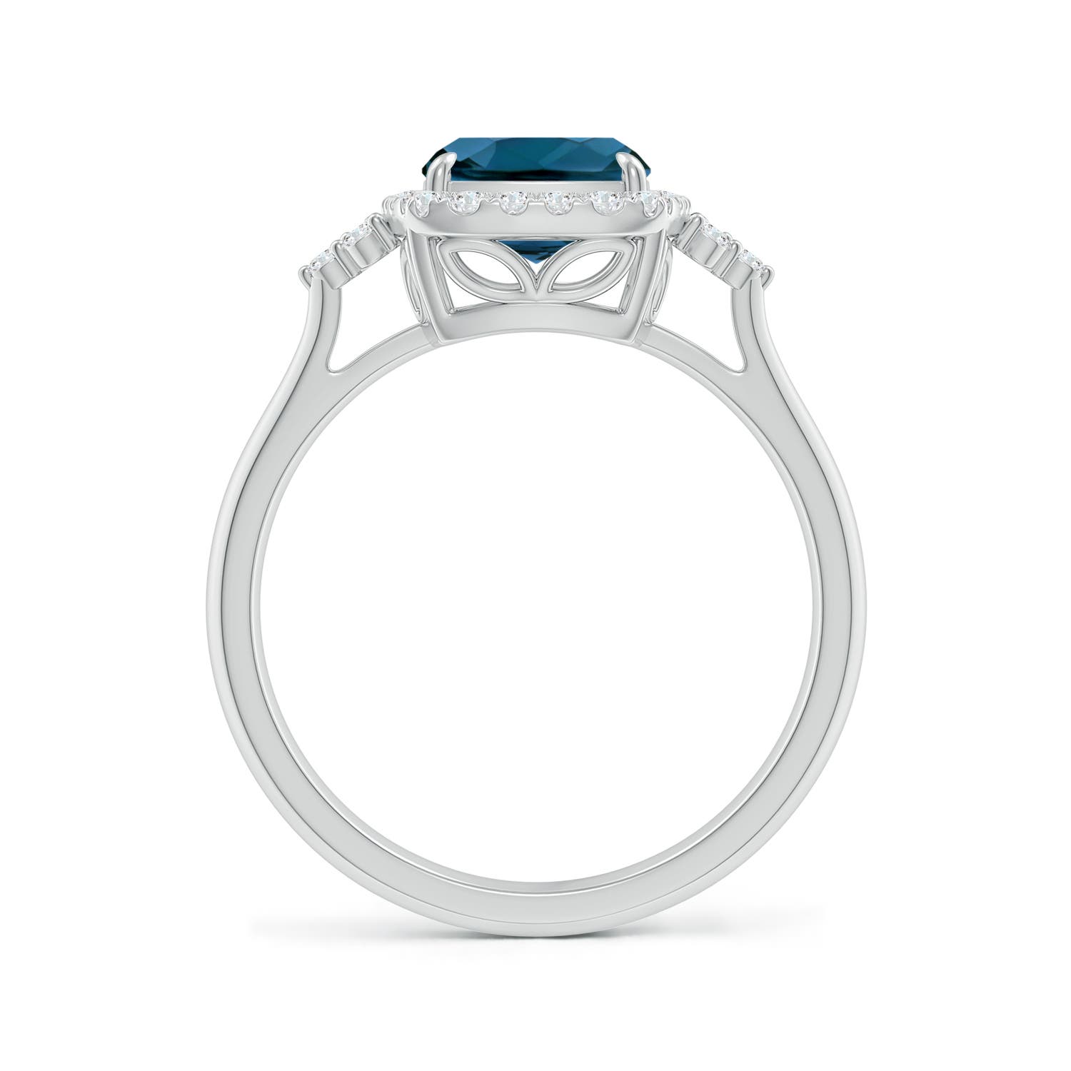 9x7mm AAAA Cushion London Blue Topaz Halo Ring with Trio Diamonds in P950 Platinum