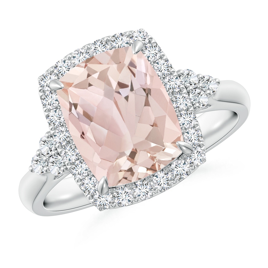 10x8mm A Cushion Morganite Halo Ring with Trio Diamonds in White Gold 