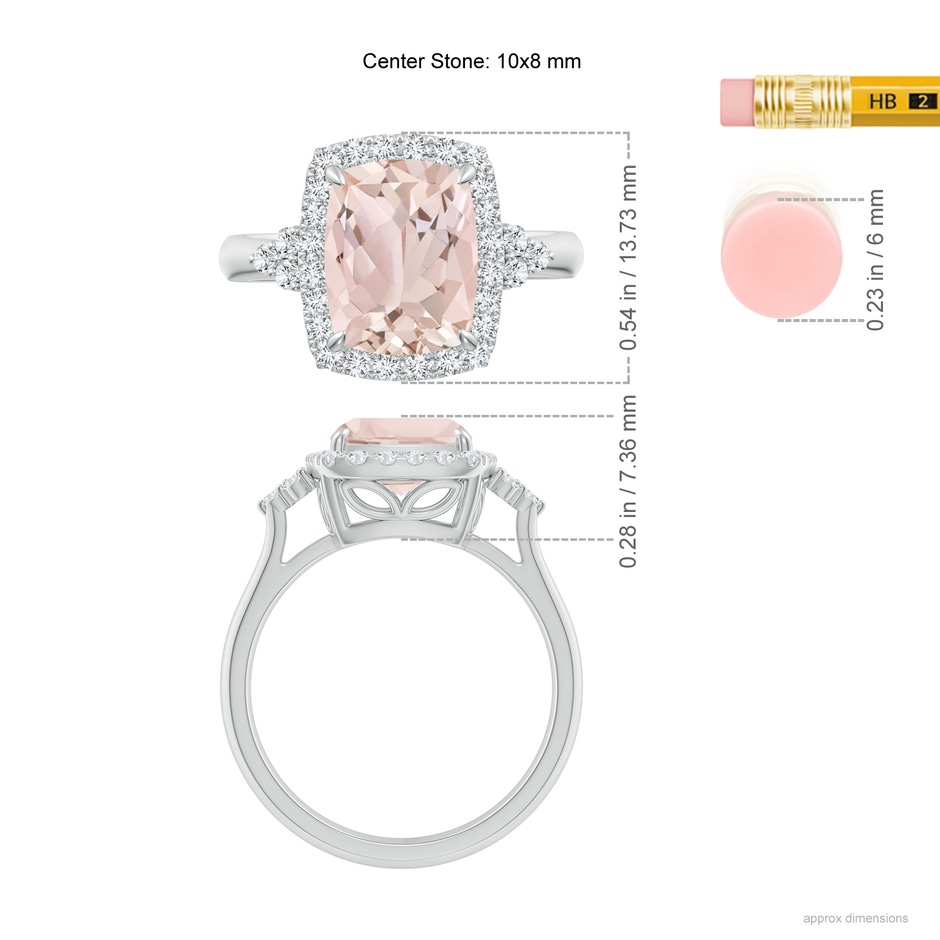 10x8mm A Cushion Morganite Halo Ring with Trio Diamonds in White Gold ruler