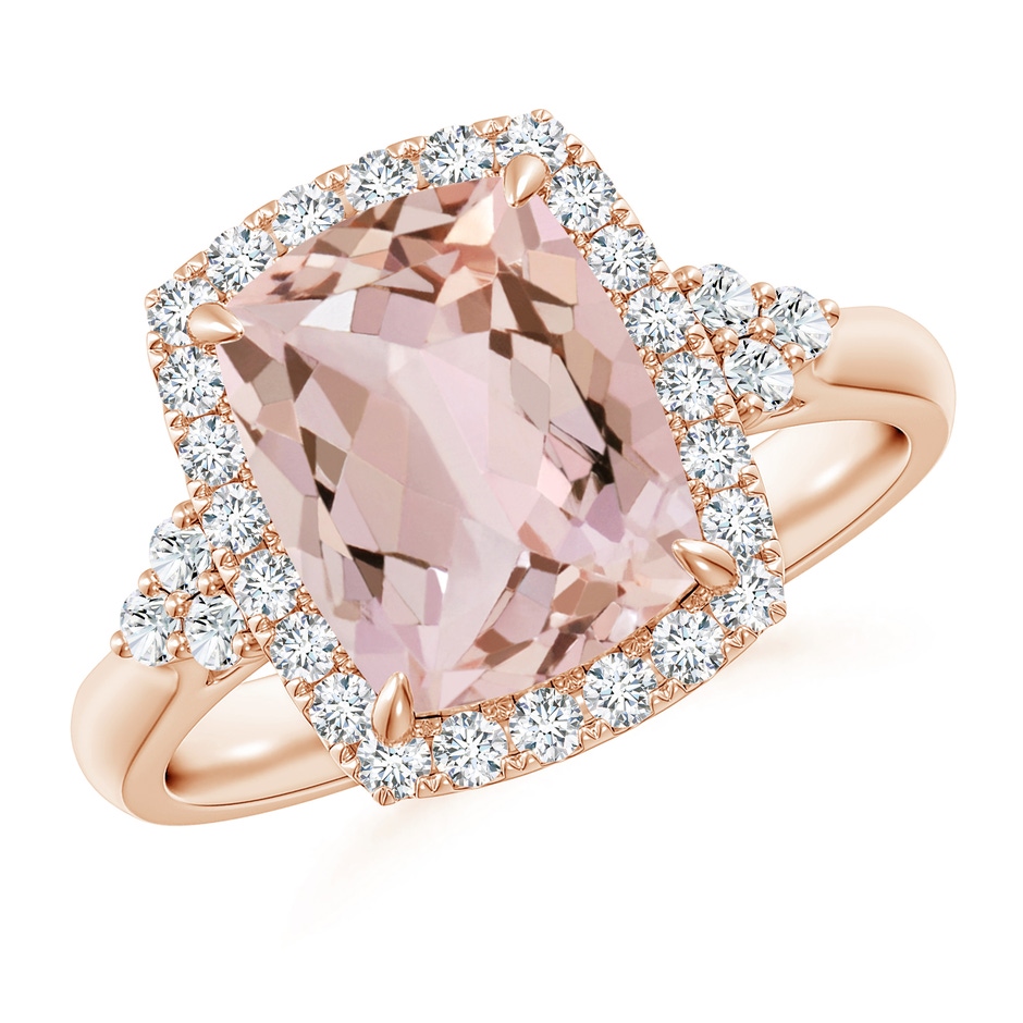 10x8mm AA Cushion Morganite Halo Ring with Trio Diamonds in Rose Gold 