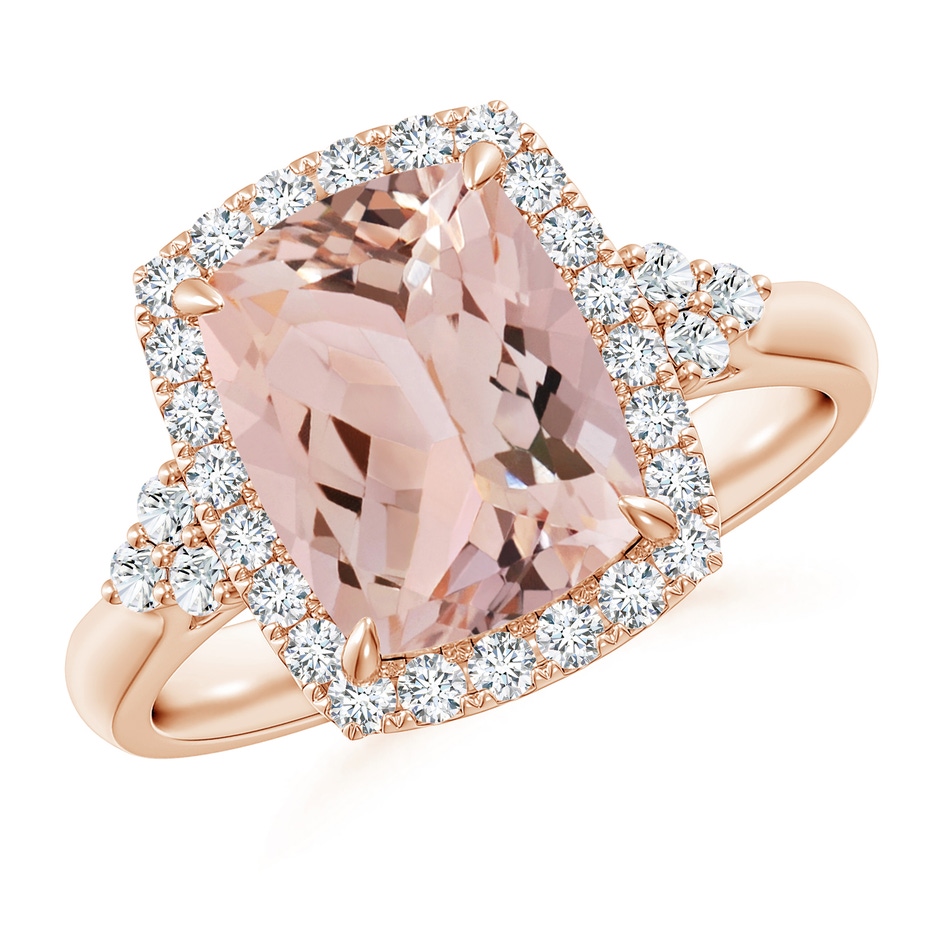 10x8mm AAA Cushion Morganite Halo Ring with Trio Diamonds in Rose Gold 