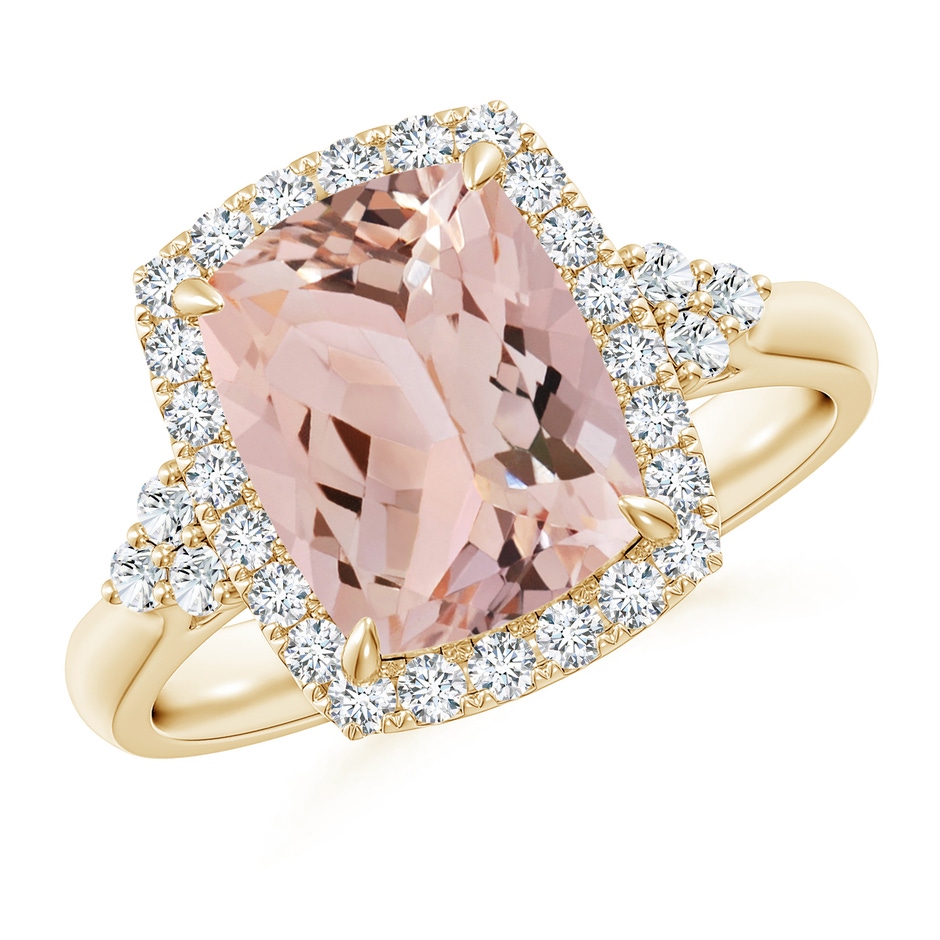 10x8mm AAA Cushion Morganite Halo Ring with Trio Diamonds in Yellow Gold 