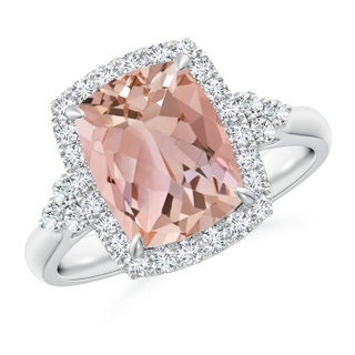 10x8mm AAAA Cushion Morganite Halo Ring with Trio Diamonds in P950 Platinum