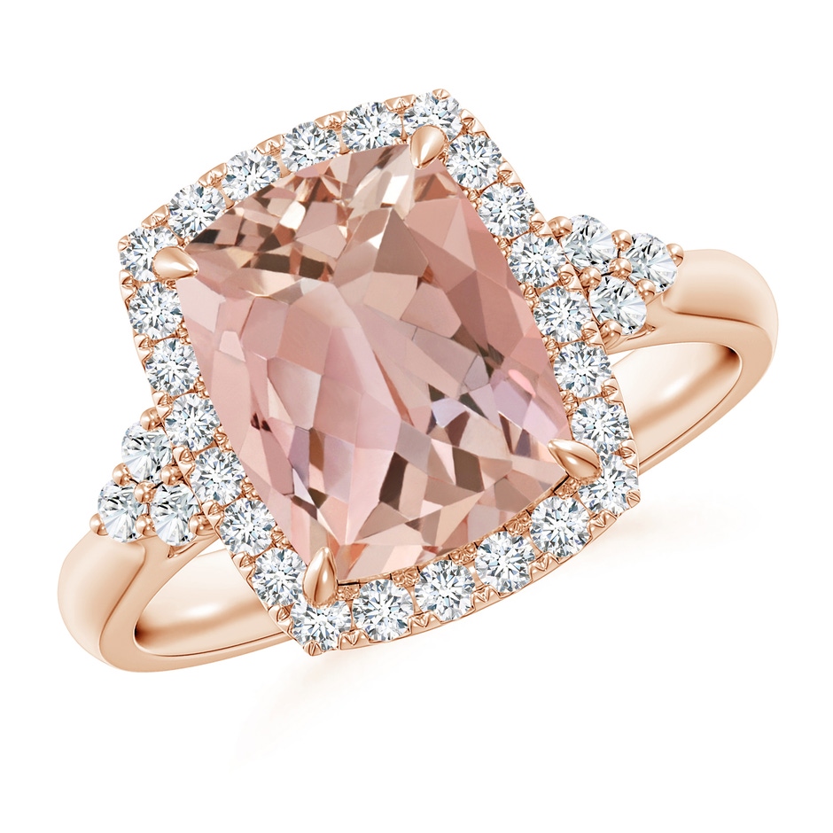 10x8mm AAAA Cushion Morganite Halo Ring with Trio Diamonds in Rose Gold 