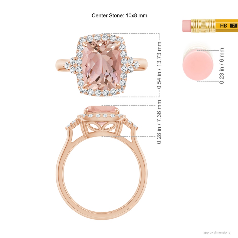 10x8mm AAAA Cushion Morganite Halo Ring with Trio Diamonds in Rose Gold ruler
