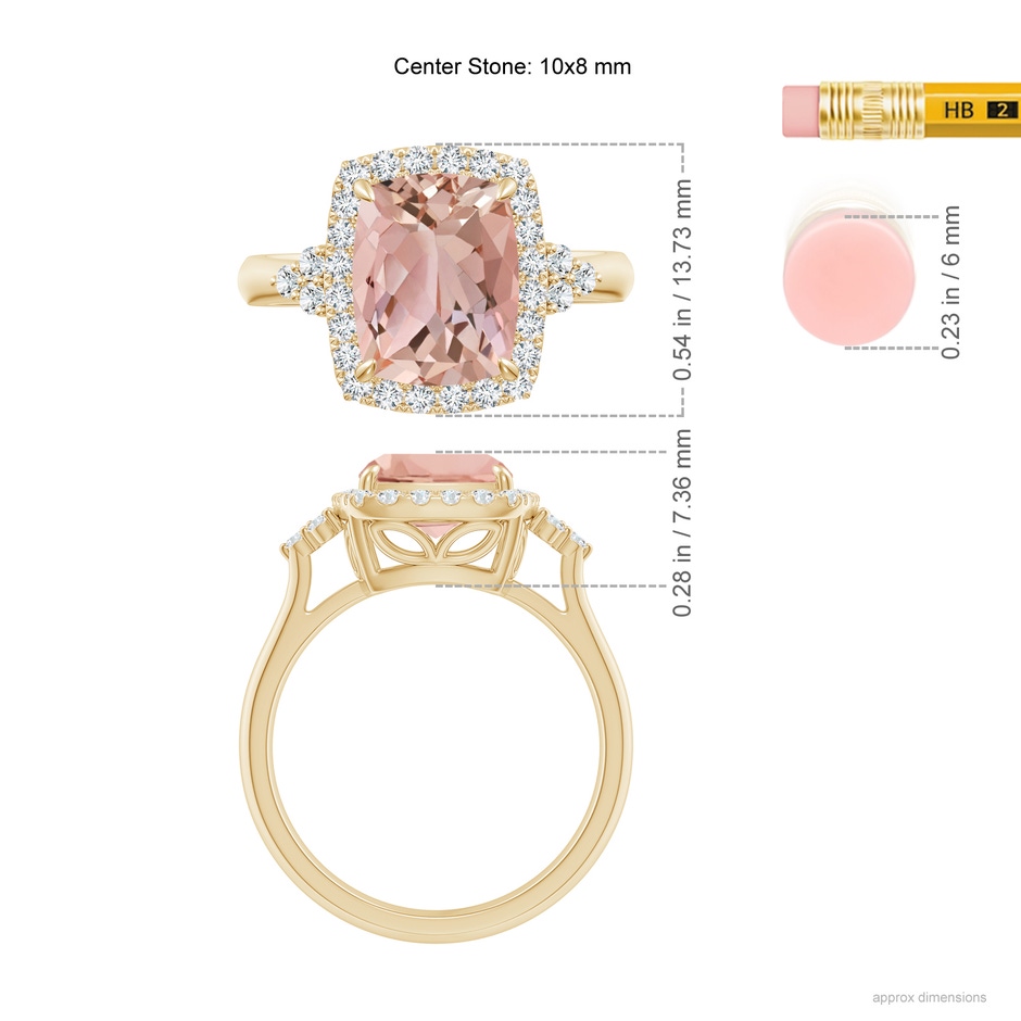 10x8mm AAAA Cushion Morganite Halo Ring with Trio Diamonds in Yellow Gold ruler