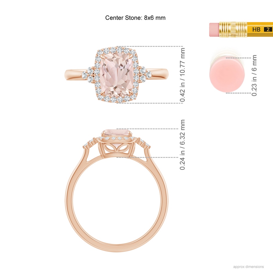 8x6mm A Cushion Morganite Halo Ring with Trio Diamonds in Rose Gold ruler