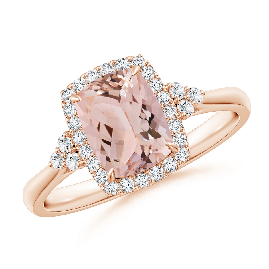 8x6mm AAA Cushion Morganite Halo Ring with Trio Diamonds in Rose Gold 