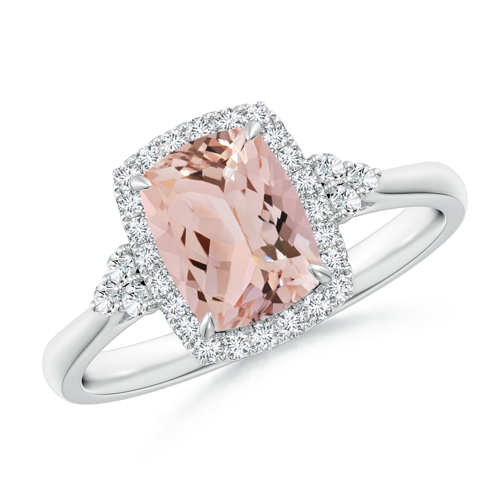 8x6mm AAA Cushion Morganite Halo Ring with Trio Diamonds in White Gold