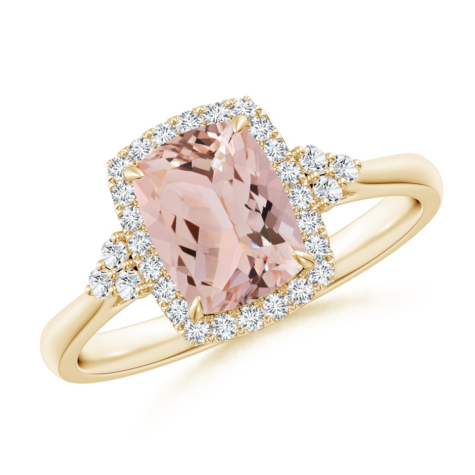 8x6mm AAA Cushion Morganite Halo Ring with Trio Diamonds in Yellow Gold 