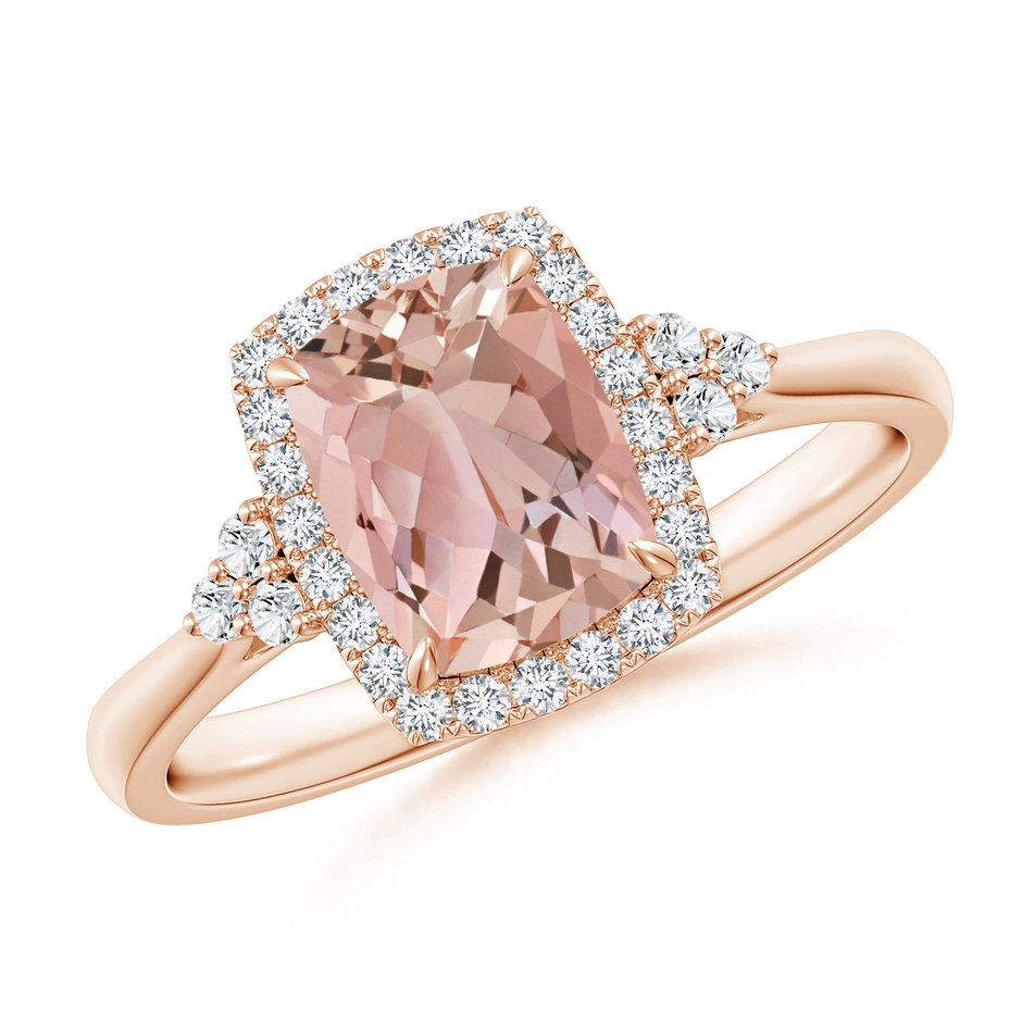 8x6mm AAAA Cushion Morganite Halo Ring with Trio Diamonds in Rose Gold 