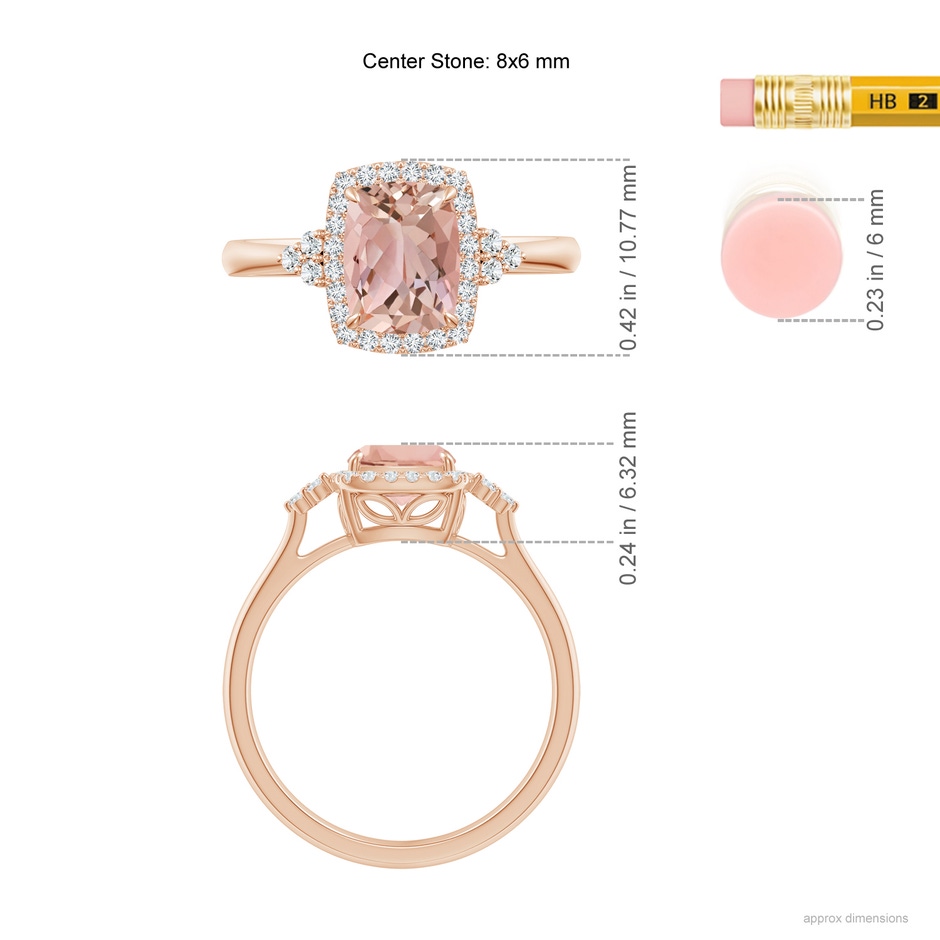 8x6mm AAAA Cushion Morganite Halo Ring with Trio Diamonds in Rose Gold ruler