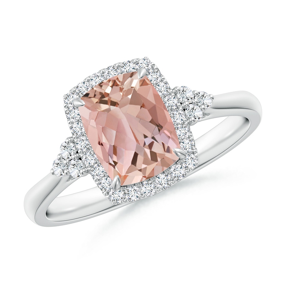 8x6mm AAAA Cushion Morganite Halo Ring with Trio Diamonds in White Gold 