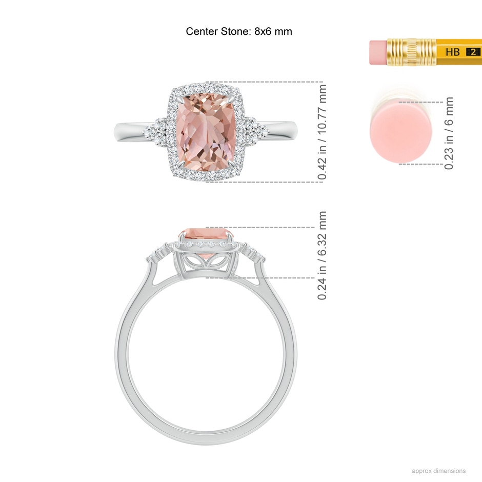 8x6mm AAAA Cushion Morganite Halo Ring with Trio Diamonds in White Gold ruler