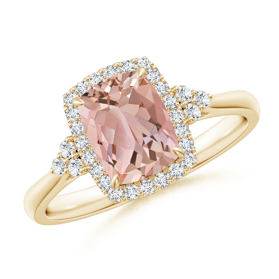 8x6mm AAAA Cushion Morganite Halo Ring with Trio Diamonds in Yellow Gold 