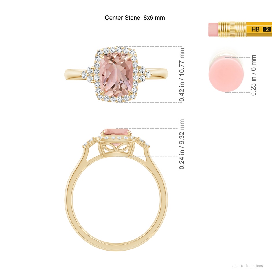 8x6mm AAAA Cushion Morganite Halo Ring with Trio Diamonds in Yellow Gold ruler