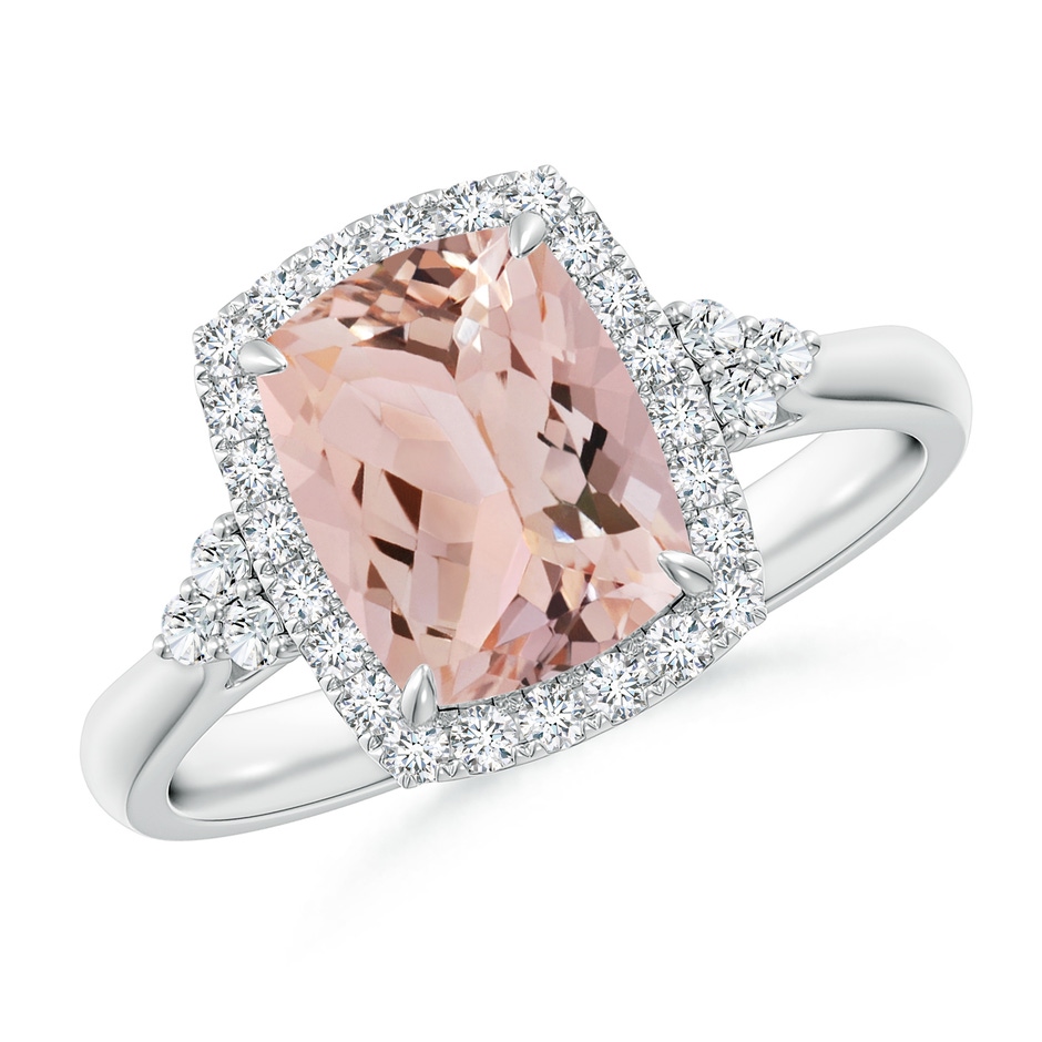 9x7mm AAA Cushion Morganite Halo Ring with Trio Diamonds in White Gold 