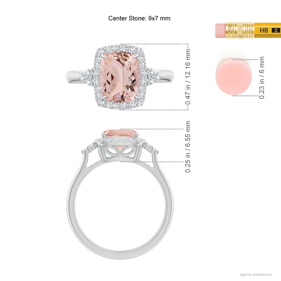 9x7mm AAA Cushion Morganite Halo Ring with Trio Diamonds in White Gold ruler