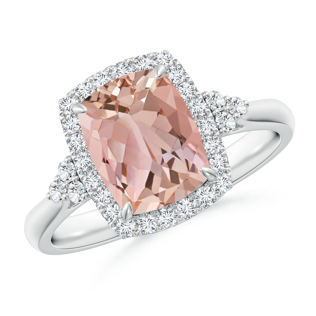 9x7mm AAAA Cushion Morganite Halo Ring with Trio Diamonds in White Gold