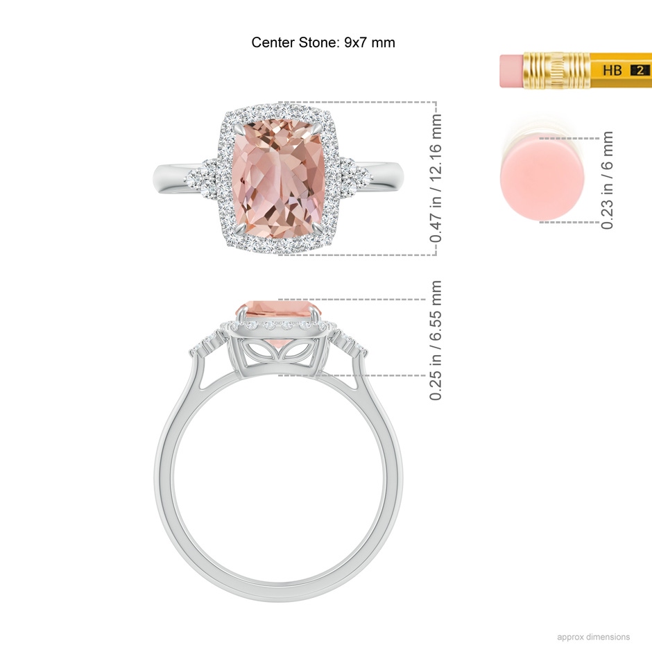 9x7mm AAAA Cushion Morganite Halo Ring with Trio Diamonds in White Gold ruler