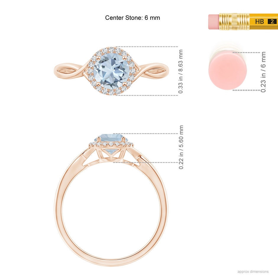 6mm A Round Aquamarine Halo Ring with Criss Cross Shank in Rose Gold ruler
