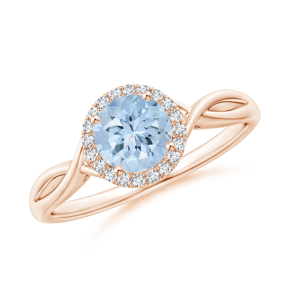 6mm AA Round Aquamarine Halo Ring with Criss Cross Shank in Rose Gold 
