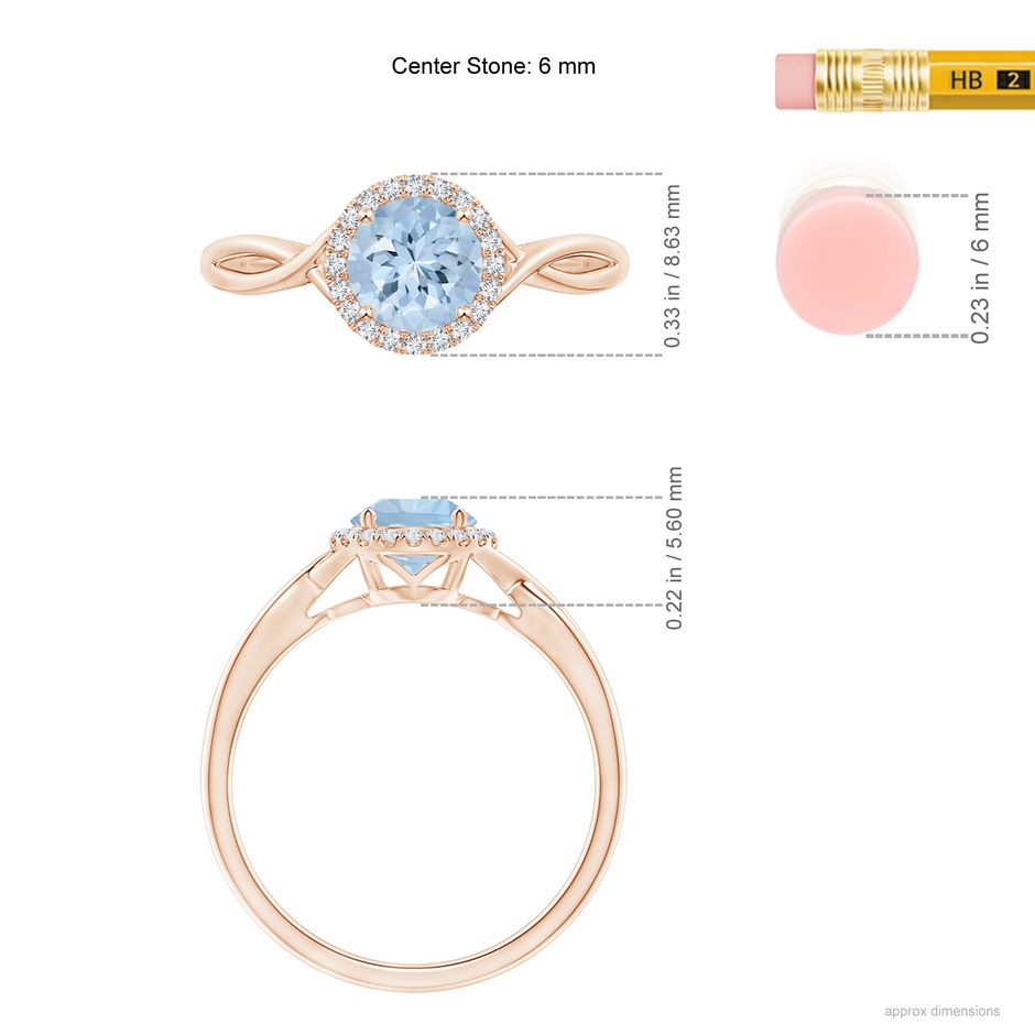 6mm AA Round Aquamarine Halo Ring with Criss Cross Shank in Rose Gold ruler