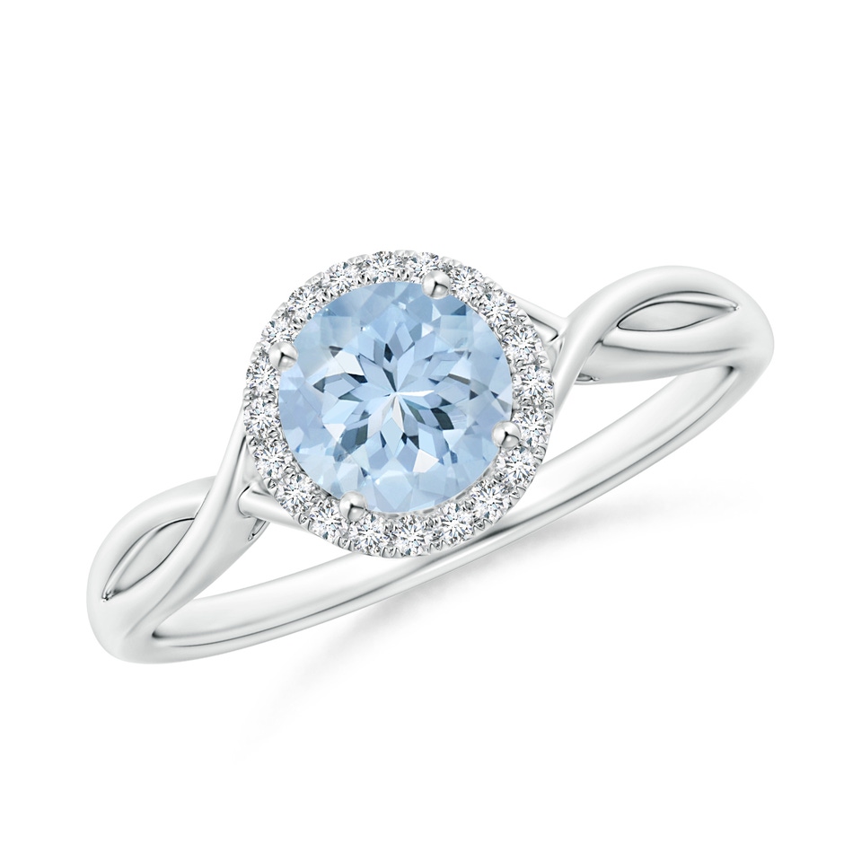 6mm AA Round Aquamarine Halo Ring with Criss Cross Shank in White Gold 