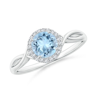 6mm AAA Round Aquamarine Halo Ring with Criss Cross Shank in White Gold