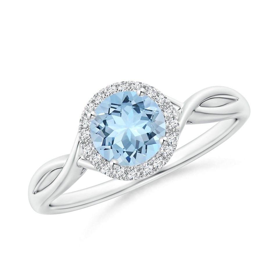 6mm AAA Round Aquamarine Halo Ring with Criss Cross Shank in White Gold 