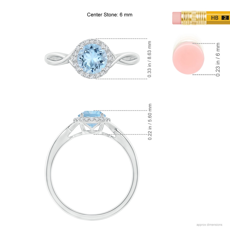 6mm AAA Round Aquamarine Halo Ring with Criss Cross Shank in White Gold ruler
