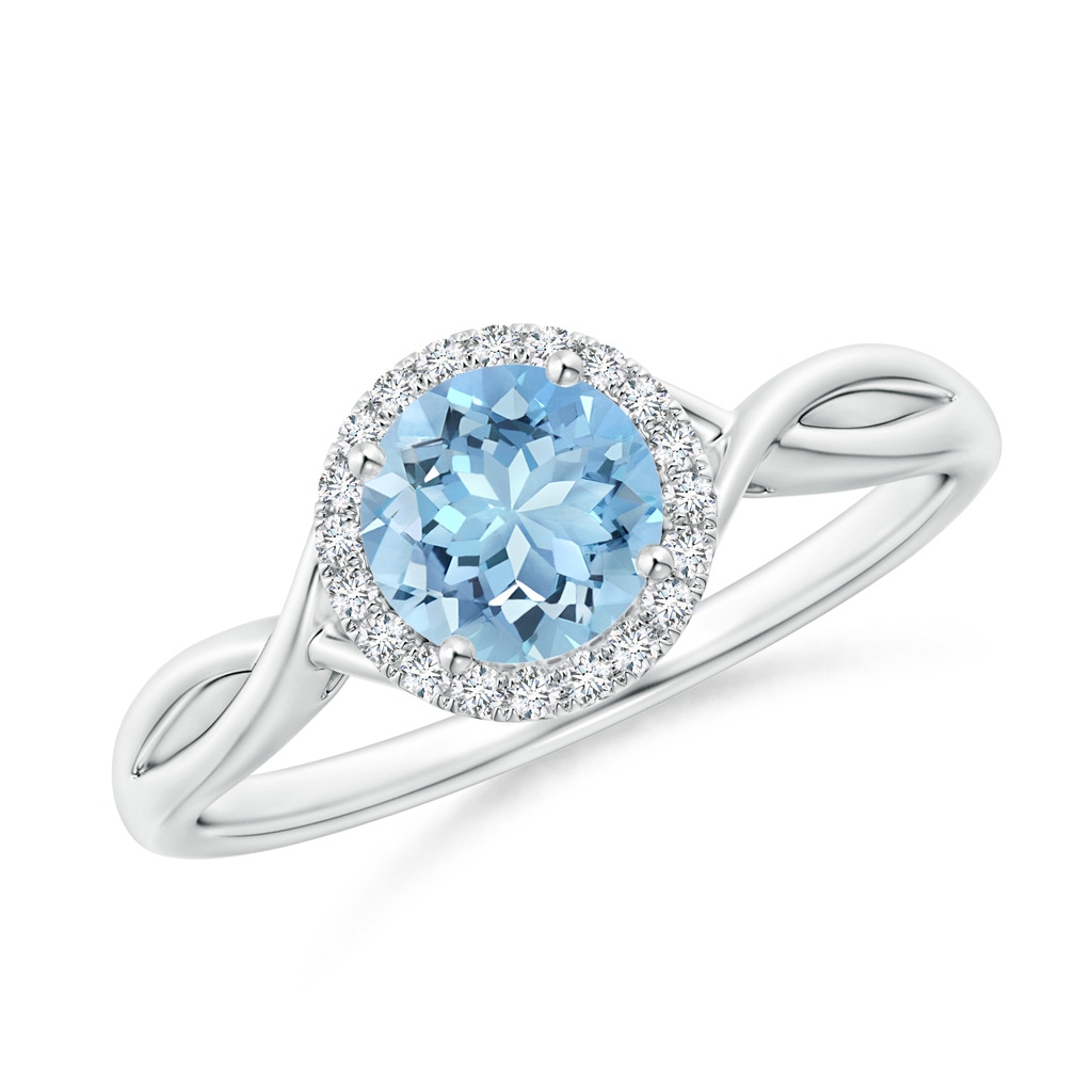 6mm AAAA Round Aquamarine Halo Ring with Criss Cross Shank in P950 Platinum
