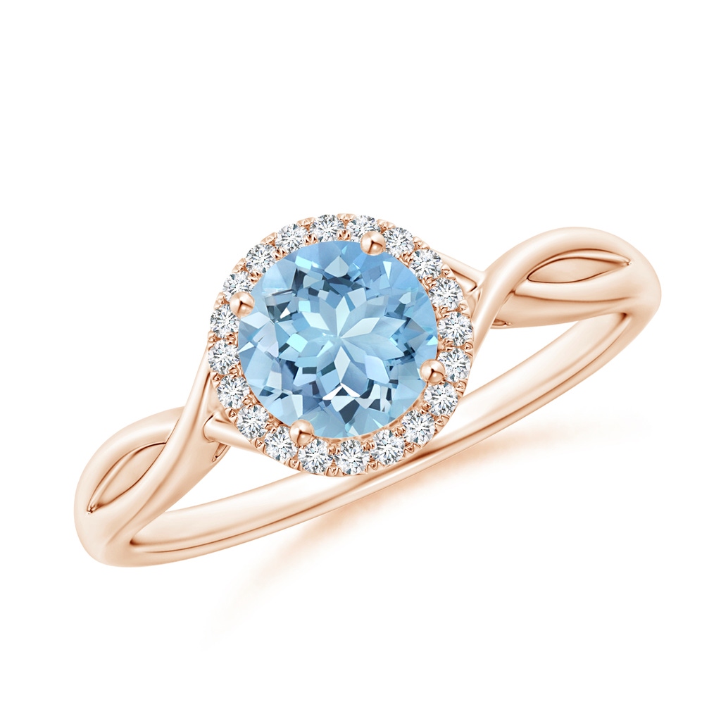 6mm AAAA Round Aquamarine Halo Ring with Criss Cross Shank in Rose Gold
