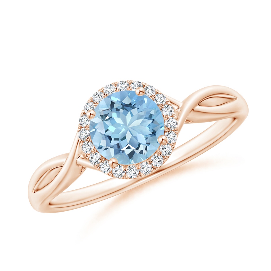6mm AAAA Round Aquamarine Halo Ring with Criss Cross Shank in Rose Gold 