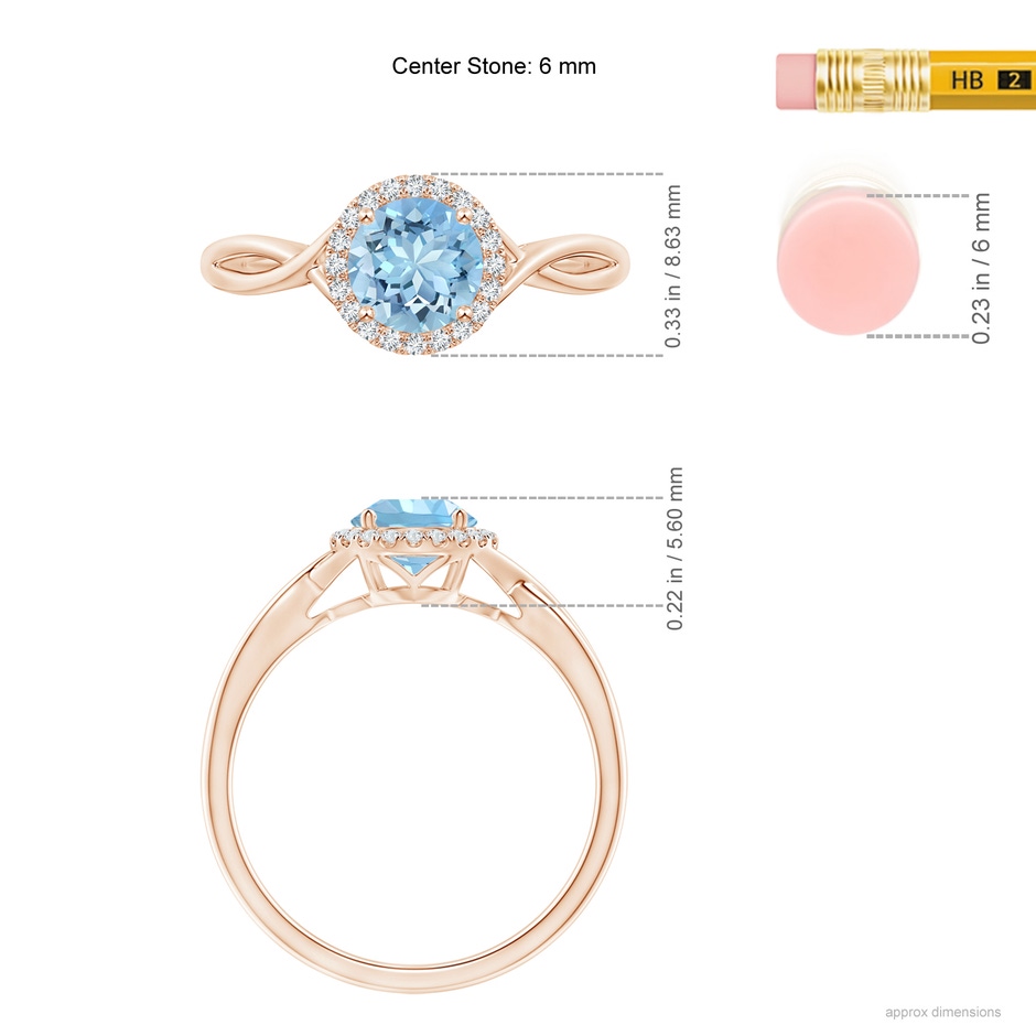 6mm AAAA Round Aquamarine Halo Ring with Criss Cross Shank in Rose Gold ruler