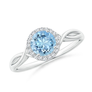 6mm AAAA Round Aquamarine Halo Ring with Criss Cross Shank in White Gold
