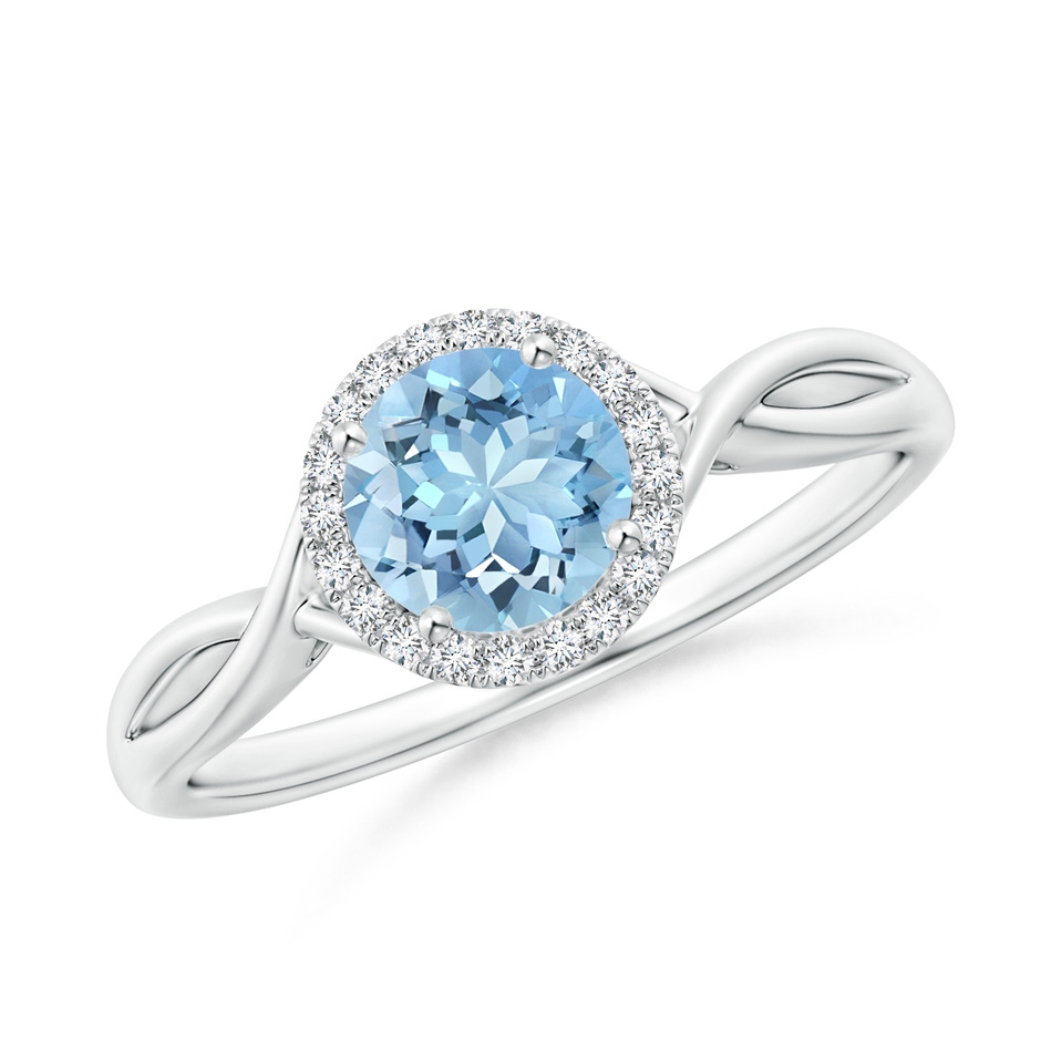 6mm AAAA Round Aquamarine Halo Ring with Criss Cross Shank in White Gold 